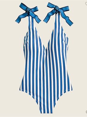 J Crew Tie-shoulder one-piece in cabana stripe 8 blue and white striped